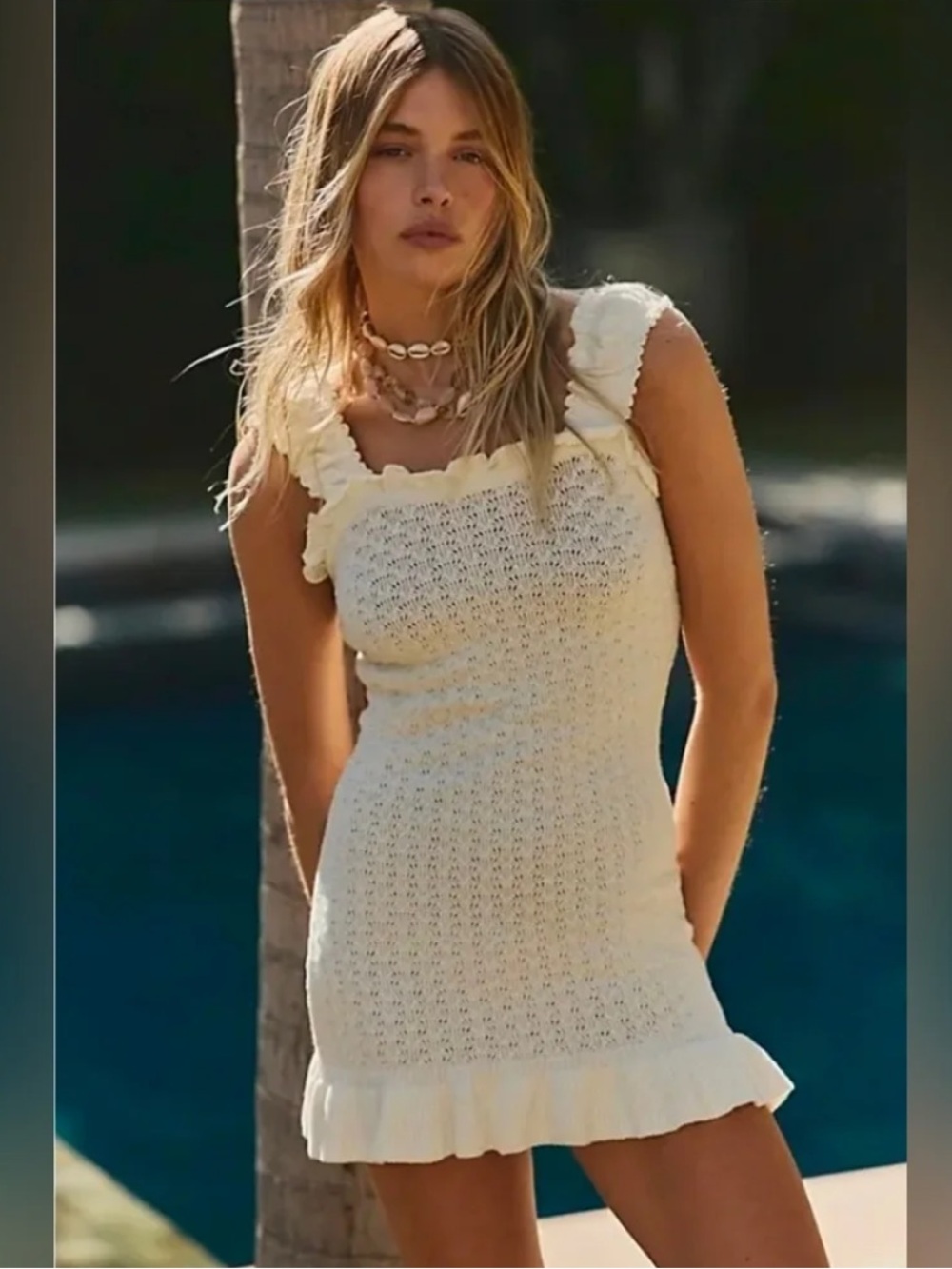 Free People Cream Ruffle-Trim Knit Mini Dress